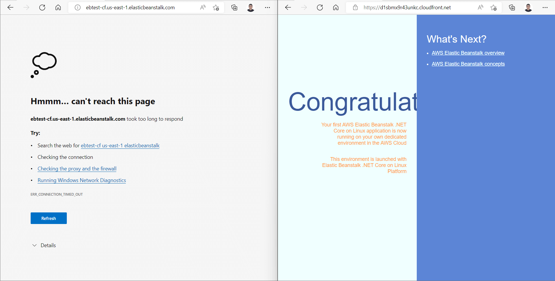 Left: Blocked Access, Right: Allow from CloudFront